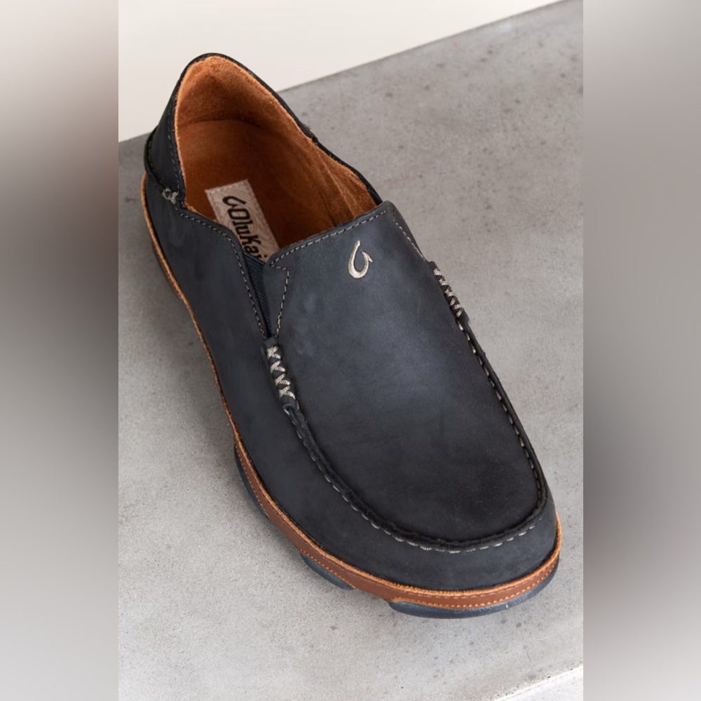 OluKai Men's Black Loafers with Brown Trim